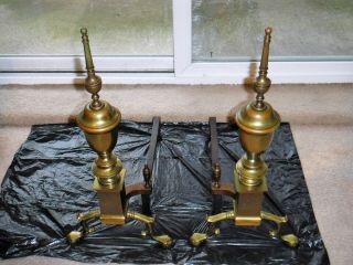 Vintage Brass Andirons Fireplace Set Colonial Federal Chippendale Style