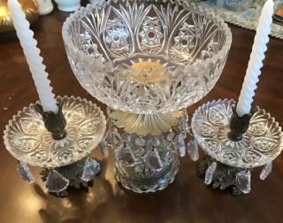 Antique Heavy Cut Glass Set Of Crystal Bowl & Pair Candleholders With Crystals