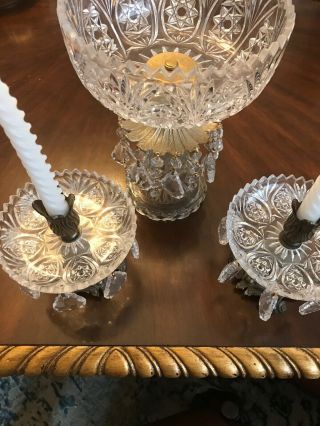 Antique Heavy Cut Glass Set Of Crystal Bowl & Pair Candleholders With Crystals 2