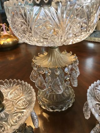 Antique Heavy Cut Glass Set Of Crystal Bowl & Pair Candleholders With Crystals 3