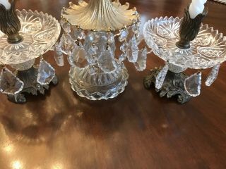 Antique Heavy Cut Glass Set Of Crystal Bowl & Pair Candleholders With Crystals 4