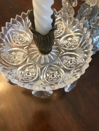 Antique Heavy Cut Glass Set Of Crystal Bowl & Pair Candleholders With Crystals 5