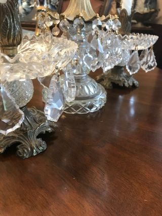 Antique Heavy Cut Glass Set Of Crystal Bowl & Pair Candleholders With Crystals 7