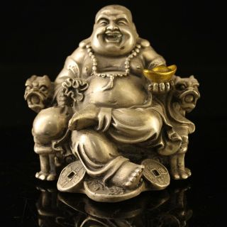China Old Copperplating Silver Handmade Gold Drawing Sitting Buddha Statue E01a