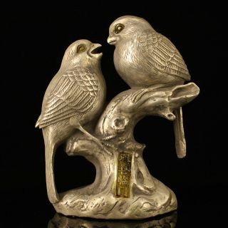 Chinese Old Copper Plating Silver Hand - Made Gold Drawing Two Magpies Statue F01a