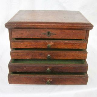 Vintage Wood Jewelry Machinist Tool Box 4 drawers Lock Dove tailed 12x9.  5x8.  5 2