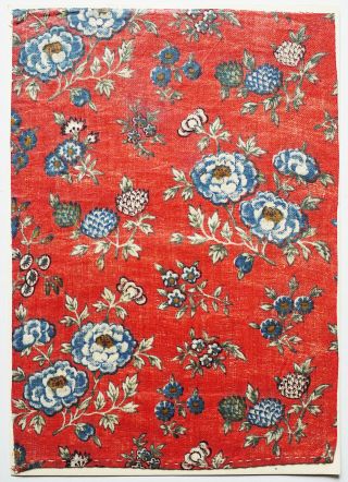 Antique Chintz (printed Cotton) Textile Fragment - Flower Pattern On Red Ground