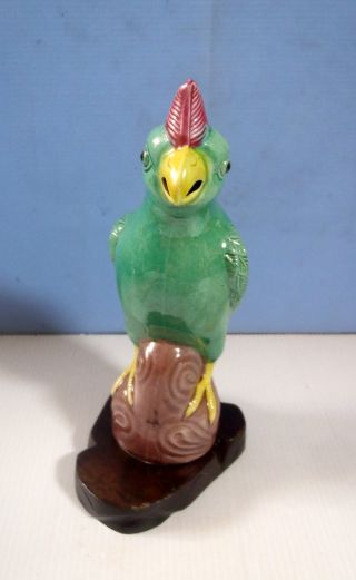 Vintage Chinese hand crafted turquoise blue parrot wood stand c.  early 1900 - s 2