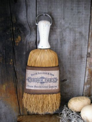 Antique Whisk Broom Wood Handle W Feedsack Sleeve Broomcorn Label