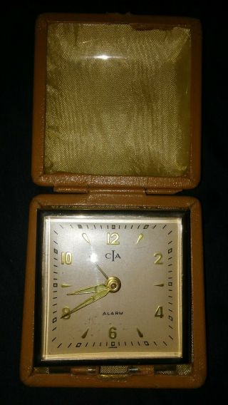 Vintage Cia Travel Alarm Clock Brown Faux Leather/ Made In Japan