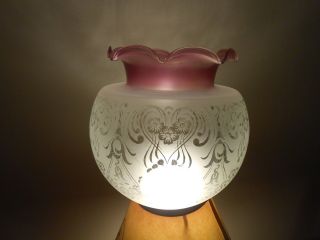 Antique Victorian Art Nouveau Cranberry Etched Glass Oil Lamp Shade