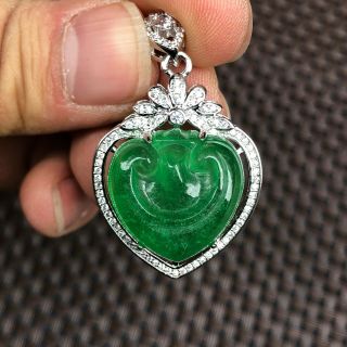 Chinese Rare Handwork S925 Silver & Green Jadeite Jade Heart - Shaped Ruyi Pendant