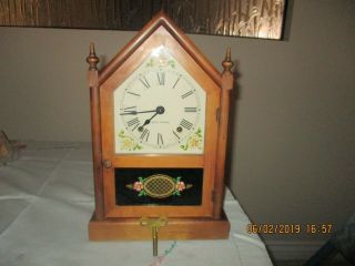 Vintage Seth Thomas Wooden Steeple Mantle Clock W/key Brass Pendulum Movement