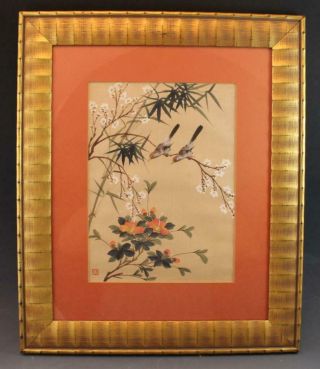 Chinese Semi Antique Painting On Silk Birds W/ Bamboo & Flowers Framed