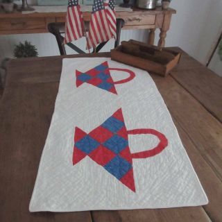 Antique Red White And Blue Basket Table Runner Or Doll Quilt 31x15 "