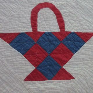 Antique Red White and Blue BASKET Table Runner or DOLL QUILT 31x15 