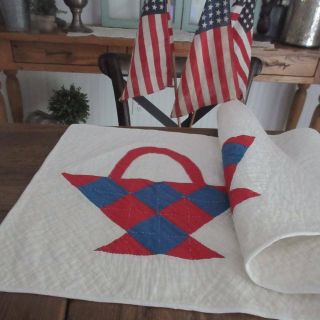 Antique Red White and Blue BASKET Table Runner or DOLL QUILT 31x15 