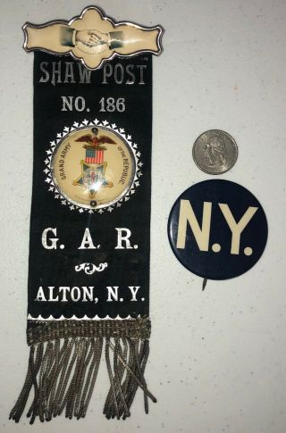 Gar Shaw Post No.  186 Alton Ny Medal Ribbon Badge W/ Extra Button