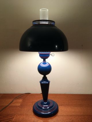 Vintage Blue Enameled Metal Hurricane Desk / Table Lamp Post Mid Century