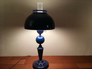 Vintage Blue Enameled Metal Hurricane Desk / Table Lamp post mid century 2