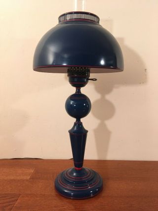 Vintage Blue Enameled Metal Hurricane Desk / Table Lamp post mid century 3