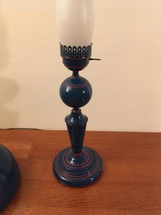 Vintage Blue Enameled Metal Hurricane Desk / Table Lamp post mid century 8