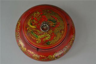 Old Chinese Wood Lacquerware Drawn Dragon Phoenix Treasure Jewelry Box Rn