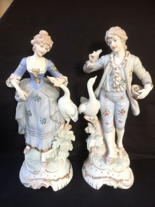 Antique Porcelain / Bisque Pair Boy And Girl With Geese