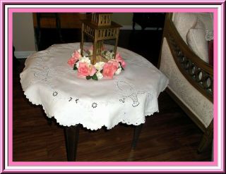 Fabulous Antique Madeira Embroidered Table Topper With Flower Baskets Design