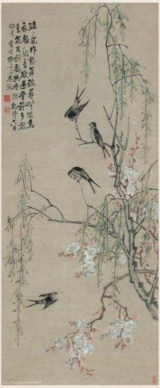 Chinese Old Scroll Painting Peach Blossoms Willow Tree And Swallows By Li Chan