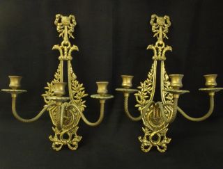 Pair Antique Ornate Brass Bronze Rococo Wall Sconces Fixtures