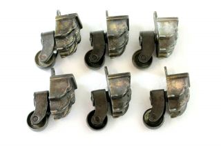 Six Small Antique Brass Furniture Castors With Claw Feet - All Brass Back Slung