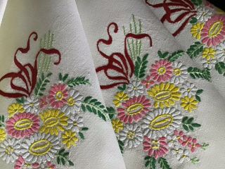 Vintage Linen Hand Embroidered Tablecloth Floral Ribboned Posies
