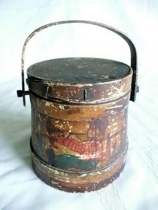 Antique Wooden Firkin With Handle & Lid & Little Boy Blue On Front Hand Painted