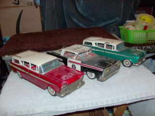 3 Tin Vintage Cars Ramblers Station Wagons & Highway Patrol Police 11 " Long