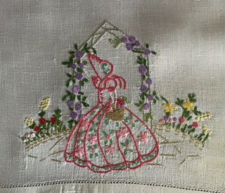 Lovely Vintage Linen Hand Embroidered Tray Cloth Crinoline Ladies/florals