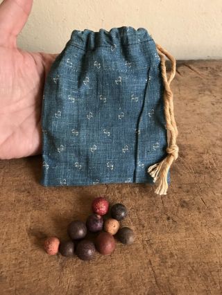 Best Early Antique Blue Calico Handmade Marble Bag & Clay Marbles Set Aafa