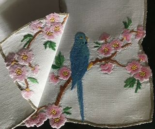 Vintage Linen Hand Embroidered Tray Cloth Pink Blossom/blue Budgie