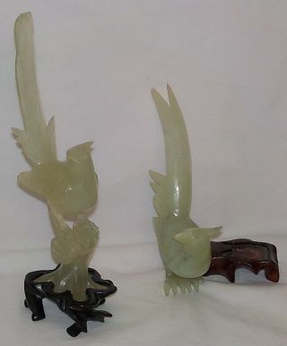 Antique Carved Celadon Jade Bird Statues Sculptures On Wood Stands