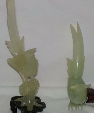 Antique Carved Celadon Jade Bird Statues Sculptures on Wood Stands 2