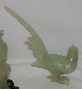 Antique Carved Celadon Jade Bird Statues Sculptures on Wood Stands 3