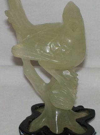 Antique Carved Celadon Jade Bird Statues Sculptures on Wood Stands 5