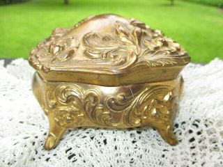 Victorian Nouveau Footed Jewelry Trinket Box Gold Painted Metal Embossed Flowers