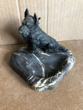 Vintage Art Deco Cold Painted Spelter Dog Lighter On Marble Ashtray 2