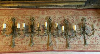 Matching Set Of Five Vintage French Brass Twin Wall Lights