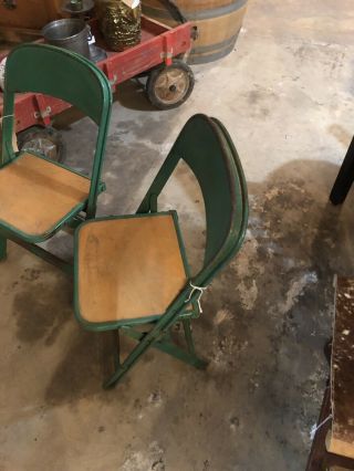 Two Vintage Clarin Of Chicago,  Il Metal With Wood Seat Folding Chairs Green