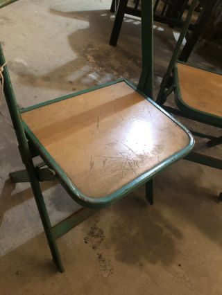 Two Vintage Clarin of Chicago,  IL Metal With Wood Seat Folding Chairs Green 3