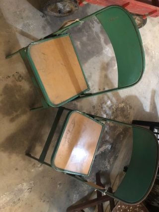 Two Vintage Clarin of Chicago,  IL Metal With Wood Seat Folding Chairs Green 4