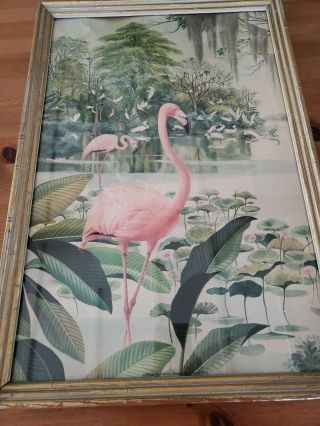 Vintage Mid Century Modern Flamingos & White Cranes Framed Picture