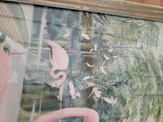 Vintage Mid Century Modern Flamingos & White Cranes Framed Picture 8